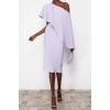 Fashion Fit Graduation Prom Finike Woven Asymmetrical Neck Short Sleeve Bodycone Midi Length Dress
