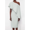 Fashion Fit Graduation Prom Finike Woven Asymmetrical Neck Short Sleeve Bodycone Midi Length Dress