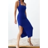 Moda Fit Mezuniyet Balo Finike Dokuma Kare Yaka Askılı Kol Bodycone Midi Boy Elbise