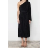 Moda Regular Day Night Pleated Knitted Asymmetrical Collar Long Sleeve A-Line Midi Length Dress