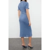 Moda Regular Şık Abiye Gece Fitilli Triko Polo Yaka Kısa Kol Shift Midi Boy Elbise