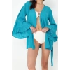 Moda Dokuma Rahat Kalıp Uzun V Yaka Standart Kol Crinkle Basic Düz Desen Kimono Kaftan