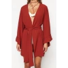 Moda Dokuma Rahat Kalıp Uzun V Yaka Standart Kol Crinkle Basic Düz Desen Kimono Kaftan