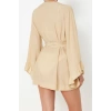 Moda Dokuma Rahat Kalıp Uzun V Yaka Standart Kol Crinkle Basic Düz Desen Kimono Kaftan