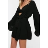 Moda Dokuma Rahat Kalıp Uzun V Yaka Standart Kol Crinkle Basic Düz Desen Kimono Kaftan
