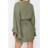 Moda Dokuma Rahat Kalıp Uzun V Yaka Standart Kol Crinkle Basic Düz Desen Kimono Kaftan