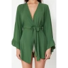Moda Dokuma Rahat Kalıp Uzun V Yaka Standart Kol Crinkle Basic Düz Desen Kimono Kaftan