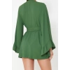 Moda Dokuma Rahat Kalıp Uzun V Yaka Standart Kol Crinkle Basic Düz Desen Kimono Kaftan