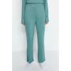 Tarz Rahat Uzun Kollu Boru Paça Lacivert Yırtmaç Detaylı Tshirt-Pantolon Örme Pijama Takımı