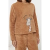 Tarz Rahat Uzun Kollu Boru Paça Hayvan Nakışlı Wellsoft Kışlık Örme Pijama Takımı