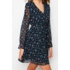 Fashion Style Regular Double Breasted Mini Length Floral Patterned Belted Lined Chiffon Woven Dress