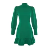 Fashion Style Regular Stand Collar Mini Length A Cut Skirt Gathered Woven Dress