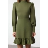 Fashion Style Regular Stand Collar Mini Length A Cut Skirt Gathered Woven Dress