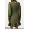 Fashion Style Regular Stand Collar Mini Length A Cut Skirt Gathered Woven Dress