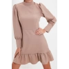 Fashion Style Regular Stand Collar Mini Length A Cut Skirt Gathered Woven Dress