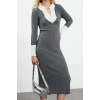 Moda Slim Casual Günlük Fitilli Triko Polo Yaka Uzun Kol Bodycone Midi Boy Elbise