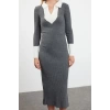 Moda Slim Casual Günlük Fitilli Triko Polo Yaka Uzun Kol Bodycone Midi Boy Elbise