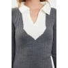Moda Slim Casual Günlük Fitilli Triko Polo Yaka Uzun Kol Bodycone Midi Boy Elbise