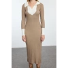 Moda Slim Casual Günlük Fitilli Triko Polo Yaka Uzun Kol Bodycone Midi Boy Elbise