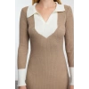 Moda Slim Casual Günlük Fitilli Triko Polo Yaka Uzun Kol Bodycone Midi Boy Elbise