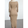 Moda Slim Casual Günlük Fitilli Triko Polo Yaka Uzun Kol Bodycone Midi Boy Elbise