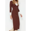 Moda Slim Casual Günlük Fitilli Triko Polo Yaka Uzun Kol Bodycone Midi Boy Elbise