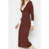 Moda Slim Casual Günlük Fitilli Triko Polo Yaka Uzun Kol Bodycone Midi Boy Elbise