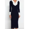 Moda Slim Casual Günlük Fitilli Triko Polo Yaka Uzun Kol Bodycone Midi Boy Elbise