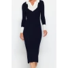 Moda Slim Casual Günlük Fitilli Triko Polo Yaka Uzun Kol Bodycone Midi Boy Elbise