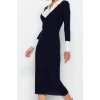 Moda Slim Casual Günlük Fitilli Triko Polo Yaka Uzun Kol Bodycone Midi Boy Elbise