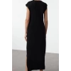 Moda Stil Regular Bisiklet Yaka Maxi Boy Triko Yumuşak Dokulu Yırtmaç Detaylı Jile Elbise