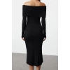 Moda Stil Regular Carmen Yaka Midi Boy Triko Basic Elbise
