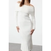 Moda Stil Regular Carmen Yaka Midi Boy Triko Basic Elbise