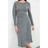 Moda Stil Regular Bisiklet Yaka Midi Boy Triko Yumuşak Dokulu Kruvaze Etek Detaylı Elbise