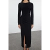 Moda Stil Slim Bisiklet Yaka Maxi Boy Düz Vücuda Oturan Drapeli Anvelop Esnek Örme Elbise