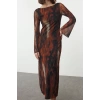 Moda Stil Slim Kayık Yaka Maxi Boy Soyut Sırt Dekolteli Tül Esnek Örme Elbise