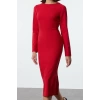 Moda Stil Regular Bisiklet Yaka Midi Boy Vücudu Saran Dokuma Elbise