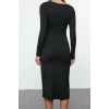 Moda Stil Slim Kayık Yaka Midi Boy Düz Bodycone Vücuda Oturan Polyamid Örme Elbise