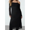 Moda Stil Slim Carmen Yaka Midi Boy Düz Bağlama Detaylı Örme Elbise