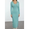 Moda Stil Slim Polo Yaka Midi Boy Düz Bodycone Vücuda Oturan Yırtmaç Detaylı Örme Elbise