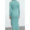 Moda Stil Slim Polo Yaka Midi Boy Düz Bodycone Vücuda Oturan Yırtmaç Detaylı Örme Elbise