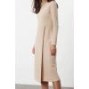 Moda Stil Slim Bisiklet Yaka Midi Boy Düz Selanik Anvelop Esnek Örme Elbise