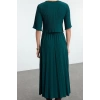Fashion Style Relaxed Crew Neck Midi Length Pleated Skater Stretchy Knit Dress