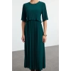 Fashion Style Relaxed Crew Neck Midi Length Pleated Skater Stretchy Knit Dress