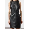 Moda Stil Regular Bisiklet Yaka Mini Boy Suni Deri Troklu Fitted Vücuda Oturan Dokuma Elbise