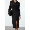 Fashion Style Regular Shirt Collar Midi Length Fitted Body-Smoothing Woven Dress