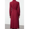 Moda Stil Relaxed Gömlek Yaka Midi Boy Desenli Kuşaklı Viskon Dokuma Gömlek Elbise