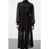 Fashion Style Regular Stand Collar Midi Length Plain Waist Opening Gathered Chiffon Lined Woven Dress