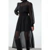 Fashion Style Regular Stand Collar Midi Length Plain Waist Opening Gathered Chiffon Lined Woven Dress