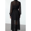 Fashion Style Regular Stand Collar Midi Length Plain Waist Opening Gathered Chiffon Lined Woven Dress